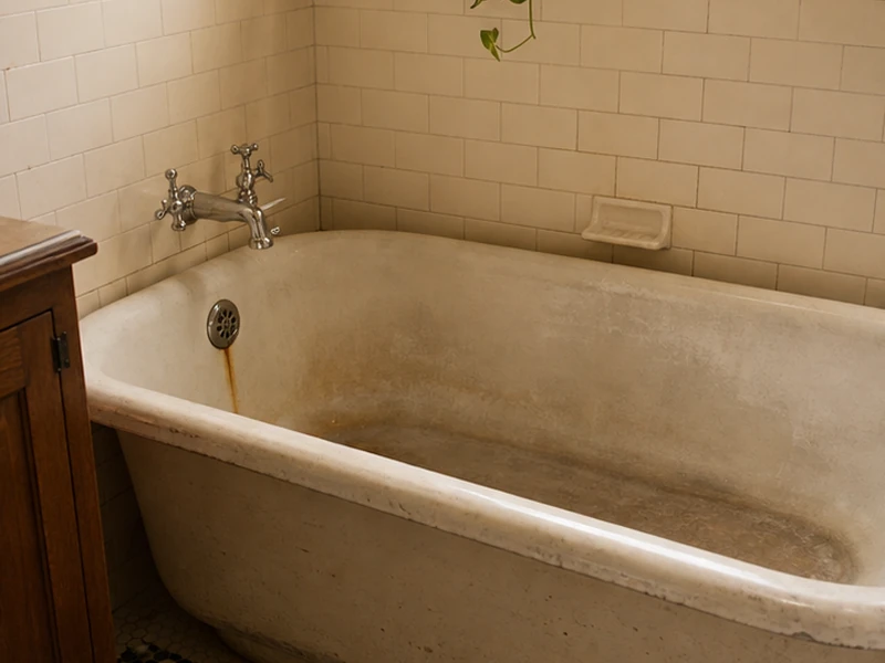 Worn gray cast-iron bathtub with rust at the drain in an Elmwood Craftsman home before reglazing, Berkeley