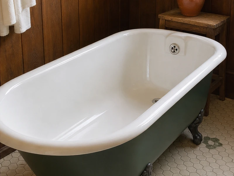Refinished white clawfoot tub with sage exterior in a North Berkeley home
