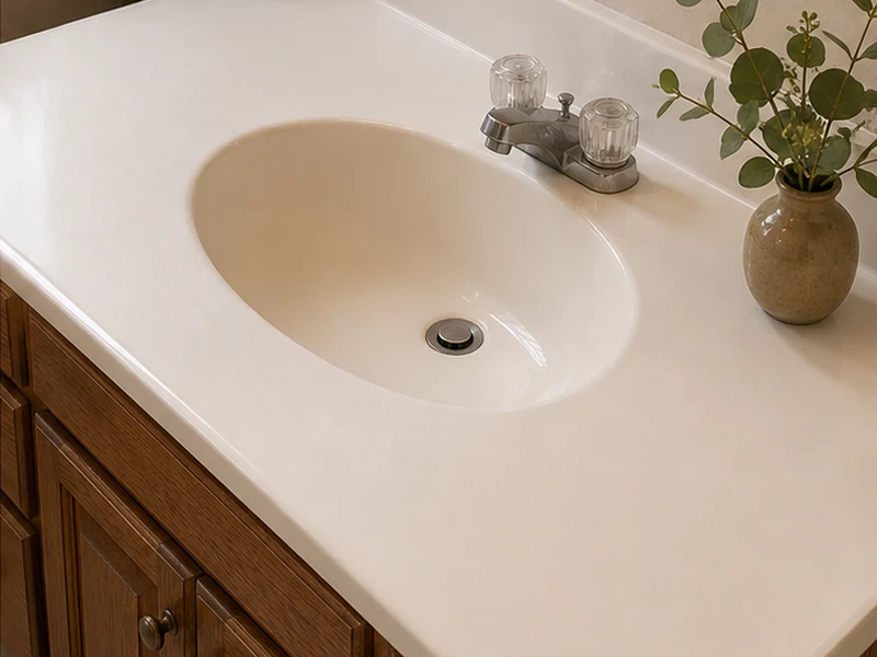 The same Claremont cultured-marble vanity refinished to an even satin warm-white, Berkeley