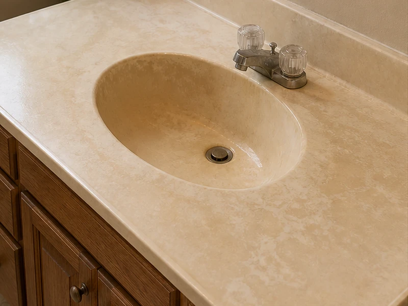 Yellowed and etched cultured-marble vanity top in a Claremont home before refinishing, Berkeley