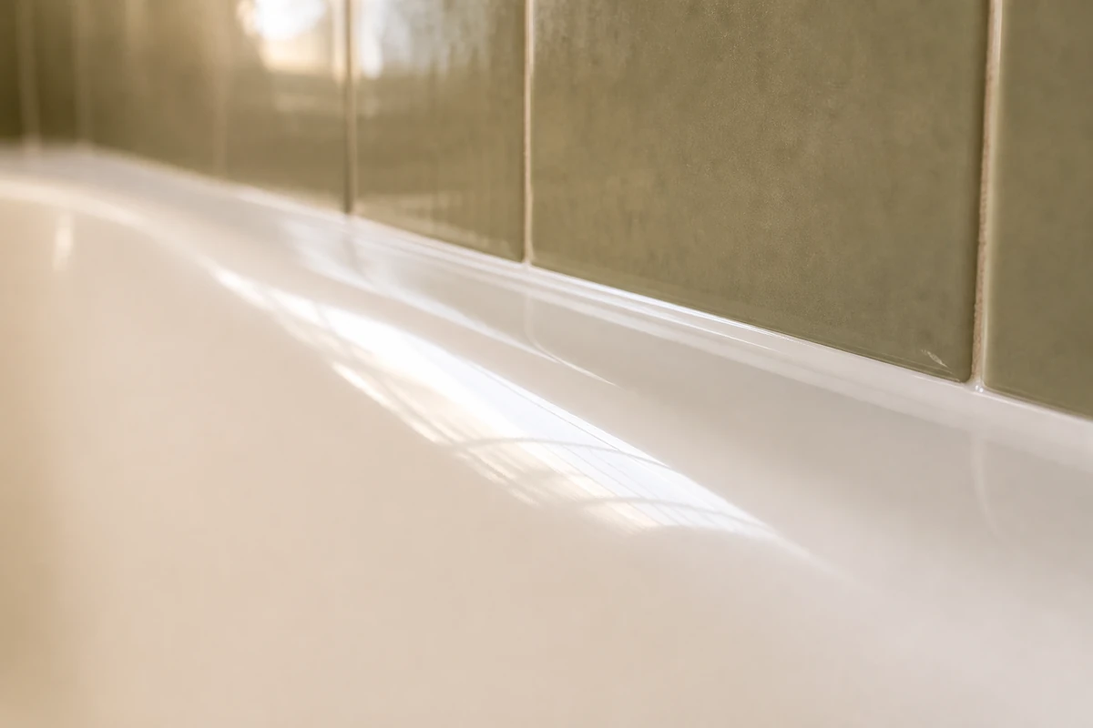 Close-up of a glossy, durable reglazed bathtub rim finish in a Berkeley bathroom