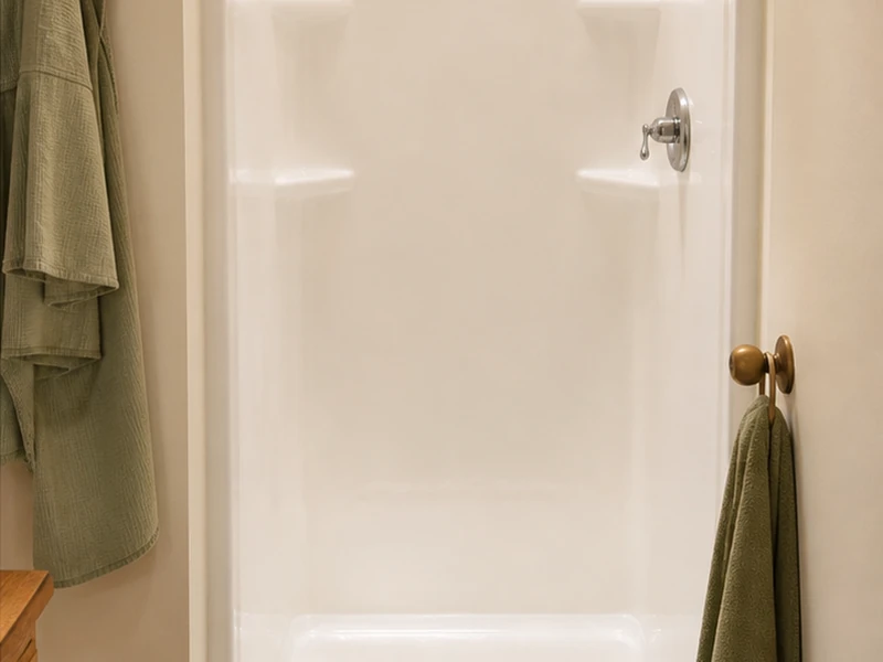 Refinished glossy white fiberglass shower stall in a West Berkeley apartment, Berkeley