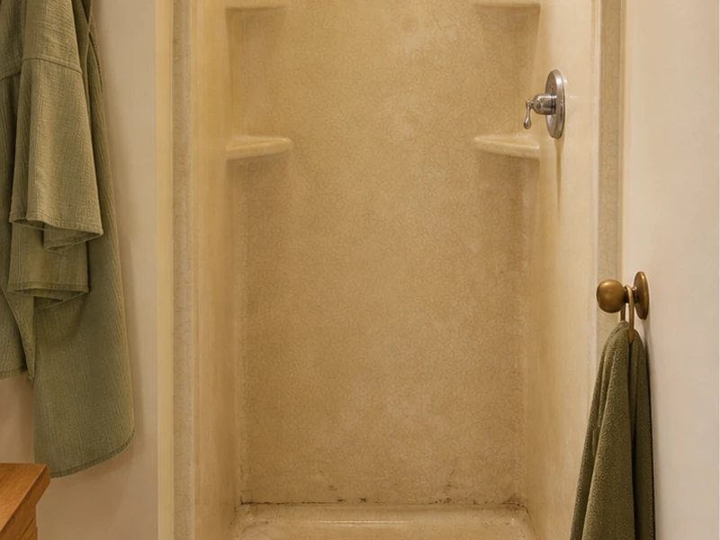 Dated almond fiberglass shower stall, crazed and dull with a yellowed pan, in a West Berkeley apartment before refinishing, Berkeley