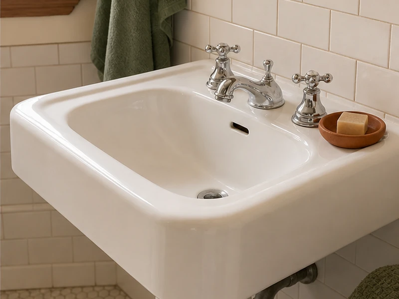 The same Le Conte cast-iron pedestal sink reglazed to smooth bright-white, Berkeley