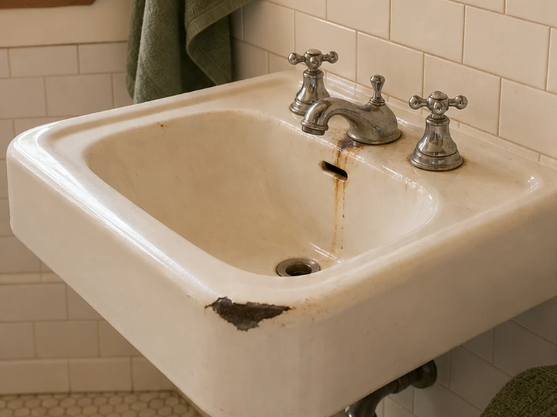 Chipped cast-iron pedestal sink with rust streak in a Le Conte bungalow before reglazing, Berkeley